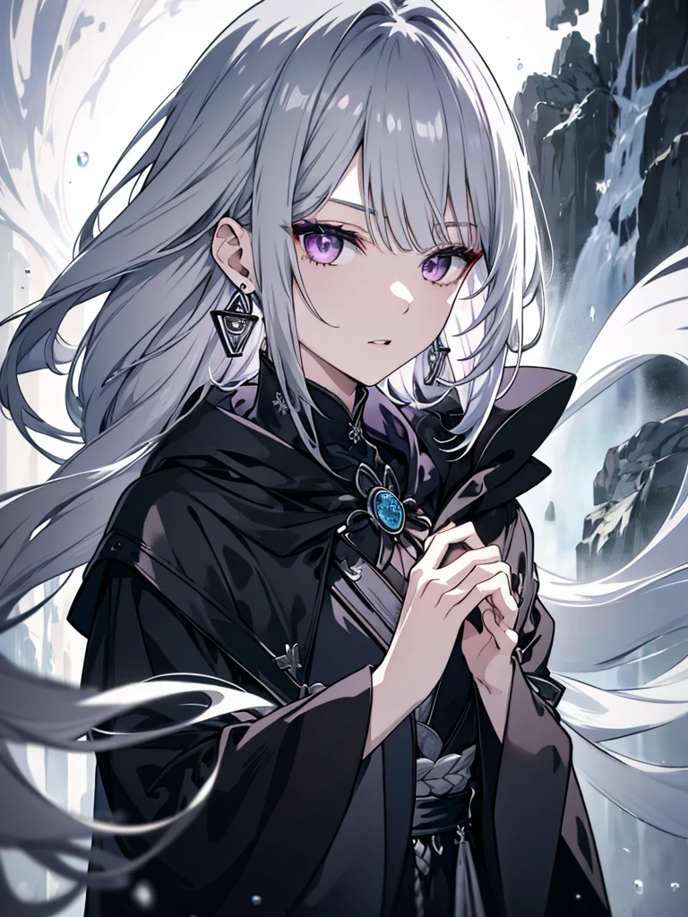 8k,High resolution RAW color art,Anime Art, (((Very detailed and cool))), Detailed skin, Blur、texture,(Exquisitely crafted, The finer details, Ultra-detailed art), (((One boy))), Depth of written boundary, Silky Touch, Hyper Detail, (((Cool face))), eye shadow、Silver Marble Skin, Beautifully detailed purple eyes, Beautiful lip detail, Very delicate face, Delicate depiction of hair and eyes, Detailed Fashion, Silver earrings,Silver Bracelet、Full body depiction, Black high neck、black waist cloak、 A little bit of grey hair、Semi-long hair、(((Hair)))、water surface、silk clotheatte、Soft clothes
