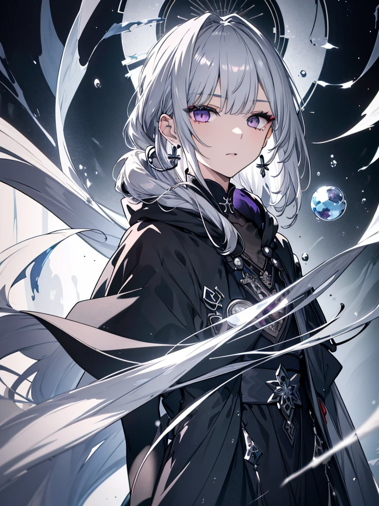 8k,High resolution RAW color art,Anime Art, (((Very detailed and cool))), Detailed skin, Blur、texture,(Exquisitely crafted, The finer details, Ultra-detailed art), (((One boy))), Depth of written boundary, Silky Touch, Hyper Detail, (((Cool face))), eye shadow、Silver Marble Skin, Beautifully detailed purple eyes, Beautiful lip detail, Very delicate face, Delicate depiction of hair and eyes, Detailed Fashion, Silver earrings,Silver Bracelet、Full body depiction, Black high neck、black waist cloak、 A little bit of grey hair、Semi-long hair、(((Hair)))、water surface、silk clotheatte、Soft clothes