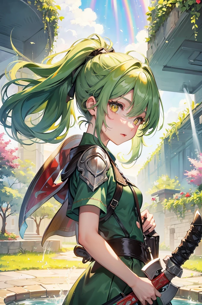 (profile, beautiful style), (solo:2, 15 yo), (beautiful ponytail) (beautiful detailed green hair, long hair) (best axe fighter girl, cute yellow eyes, glossy lip, medium:1.2 tits), (hand holding biggest Broad Axe, Axe Head is put on own shoulder), in a Dirty:1.3 combat uniform, break, in the beautiful enchanted garden, Large fountain with double exposure rainbow, BREAK, perfect anatomy, masterpiece, best quality, 16k, beautiful detailed love, daydreaming expression.