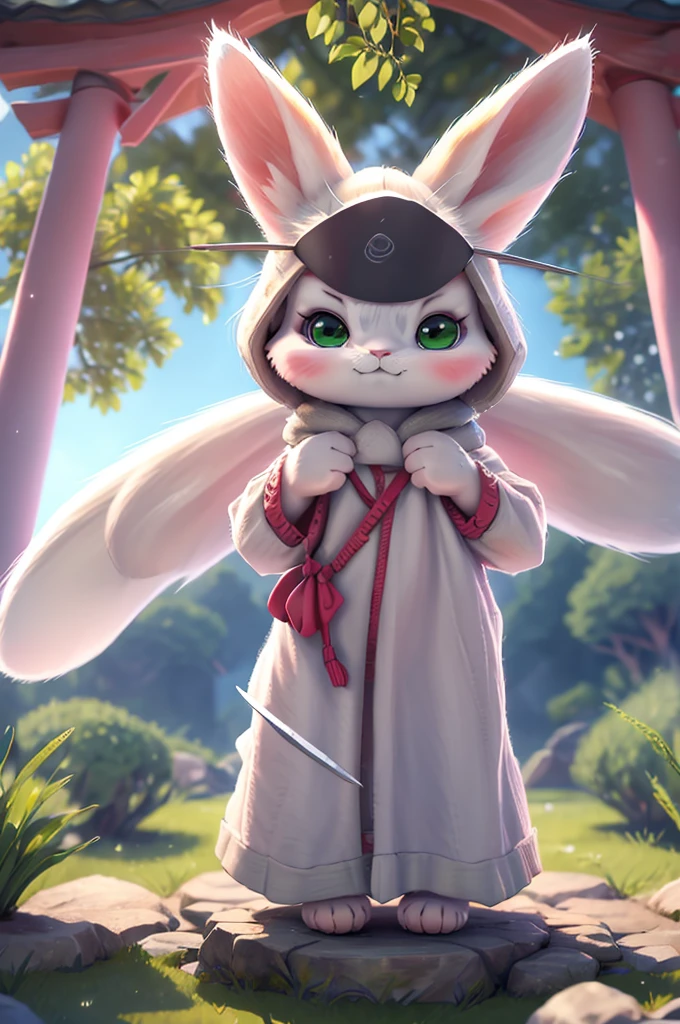 (((8k))), (((High resolution))),((Highest quality)),Cute cat in samurai armor,smile,Right eye is green,Bipedal,upright,3 heads,knife,shrine,Cherry tree,SakuraFubuki,Ultra-realistic,8k,Ultra-fine