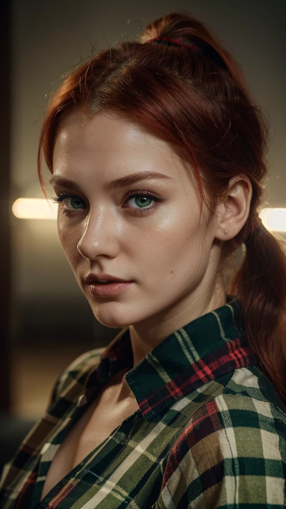one woman, 25 years old, red hair in a short ponytail, beautiful detailed green eyes, beautiful detailed lips, extremely detailed face and skin, dressed in a red and black plaid shirt, raw foto, best quality, soft lighting, realistic, hyper realistic foto, detailed face, beautiful facial features, attractive face, cinematic foto, 4k, hdr