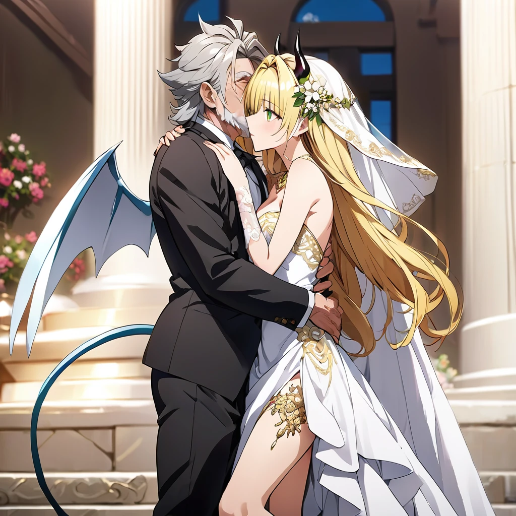 ((Highest quality)), ((masterpiece)), (detailed), (Perfect Face)、The woman was a beautiful, jet-black demon named Tiare, with green eyes and medium-long blonde hair. She was wearing a pure white wedding dress and wedding veil with gorgeous gold embroidery and trim, an engagement ring, and gorgeous accessories. She was a beautiful, elegant demon with gorgeous decorations and jewels.々Wife of Zeus, King of、She is a beautiful, jet-black-skinned demon with magnificent devil horns, devil wings, and a devil tail, walking side by side with a man in a Greek temple, embracing him, kissing him, and getting married.、Zeus is a powerful and dignified old man in a Doric chiton, a god of Greek mythology.々King of the Elders and God of the Elders、The man and the woman are hugging each other, kissing each other and celebrating their wedding.