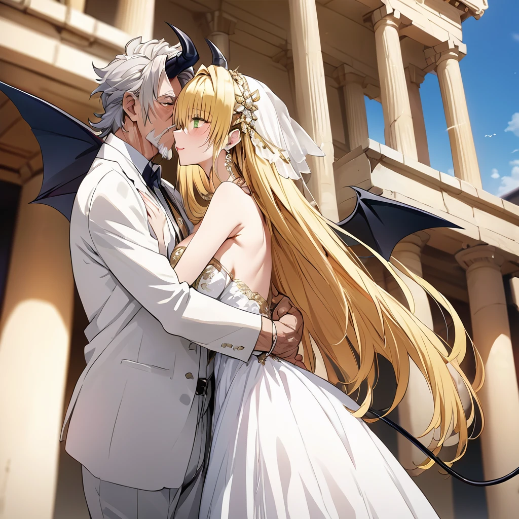 ((Highest quality)), ((masterpiece)), (detailed), (Perfect Face)、The woman was a beautiful, jet-black demon named Tiare, with green eyes and medium-long blonde hair. She was wearing a pure white wedding dress and wedding veil with gorgeous gold embroidery and trim, an engagement ring, and gorgeous accessories. She was a beautiful, elegant demon with gorgeous decorations and jewels.々Wife of Zeus, King of、She is a beautiful, jet-black-skinned demon with magnificent devil horns, devil wings, and a devil tail, walking side by side with a man in a Greek temple, embracing him, kissing him, and getting married.、Zeus is a powerful and dignified old man in a Doric chiton, a god of Greek mythology.々King of the Elders and God of the Elders、The man and the woman are hugging each other, kissing each other and celebrating their wedding.