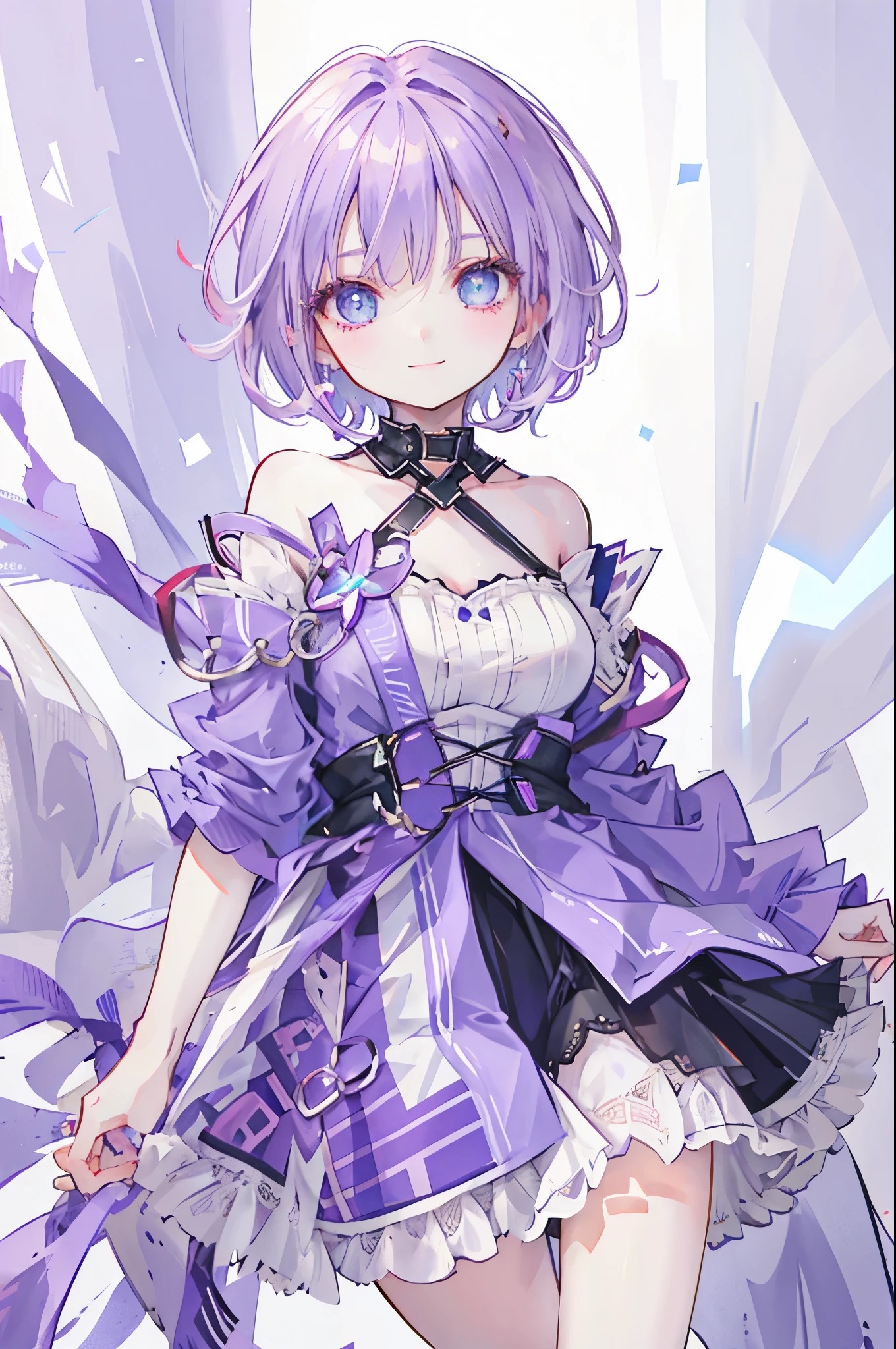 Highest quality,smile,woman,cute,Short Bob Hair,Purple Hair,Light blue eyes,White off-the-shoulder tops,Checkered mini skirt,Background white,
