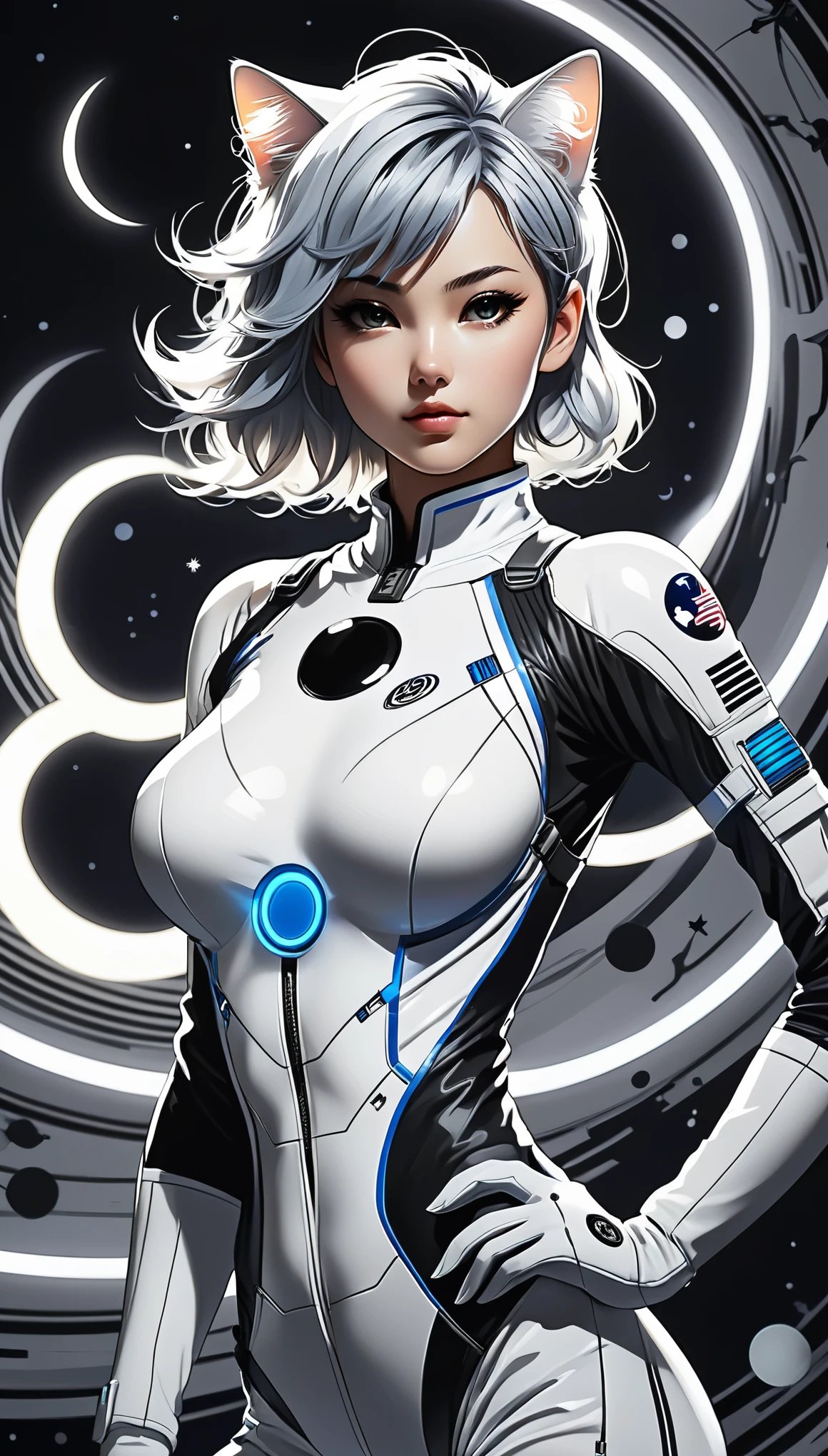 (Pencil_Sketch:1.2、Messy Lines、grayscale、Traditional Media、sketch)、girl、Striped Hair、Striped Hair、Blue and white porcelain futuristic space suit、Black and white yin yang tai chi background、Gang Girl、Backlight、Deep Shadow、Cat silhouette light、Attractive space suit designinimalist Style、yin yang style、Ink splash style background。Large Breasts、Chiaroscuro、Shining Light、Backlight、Motion Lines、Carl Larson、uhd、Anatomically correct、masterpiece、retina、uhd、masterpiece