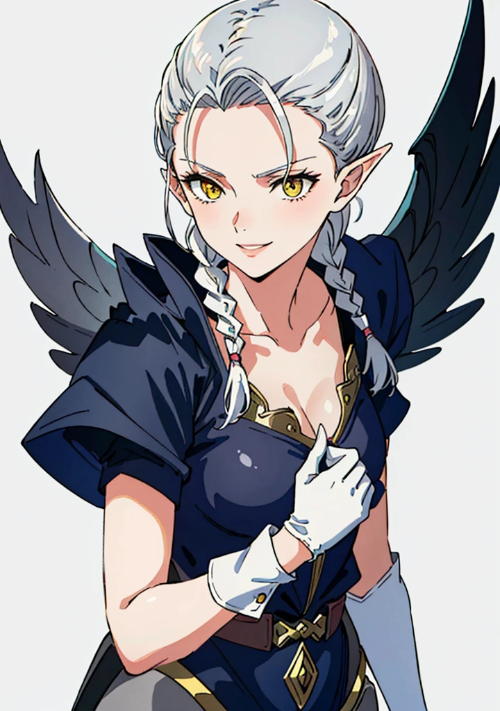 ophelia(claymore),1girl,Solo,fantasy,white skin,silver hair,show the forehead ,((slicked back hair)),((hair pulled back)),single braid,(long braid),(large braid),yellow eyes,white bodysuit,white gloves,collarbone,silver pauldrons,evil smile,evil,((simple background)),gray background,old school fantasy art,elf