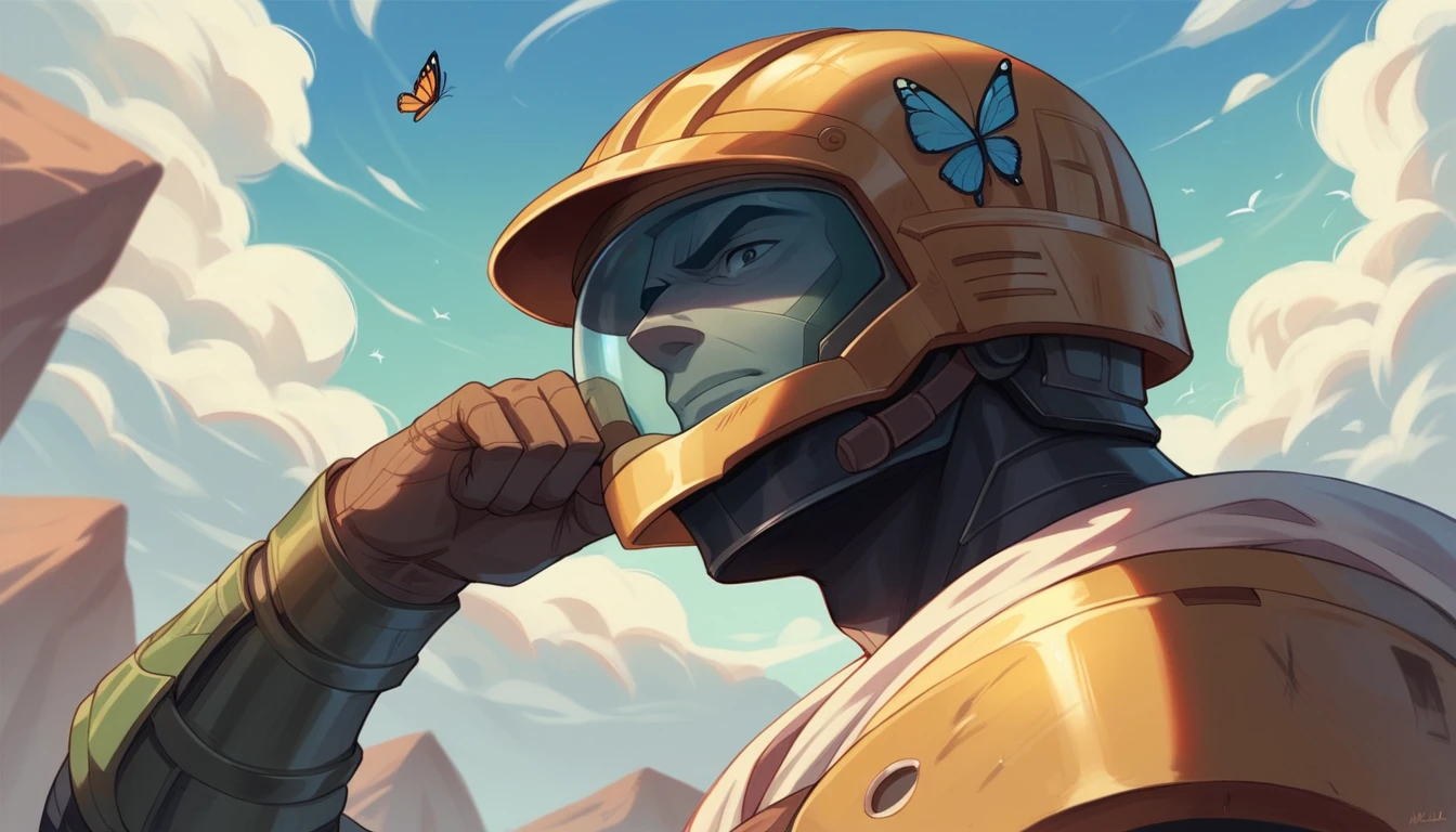 Draw in the anime style, a man swimming the butterfly stroke, wearing a dceu character Hawkman's helmet, the helmet has a Spartan crest, from a head-on perspective.
