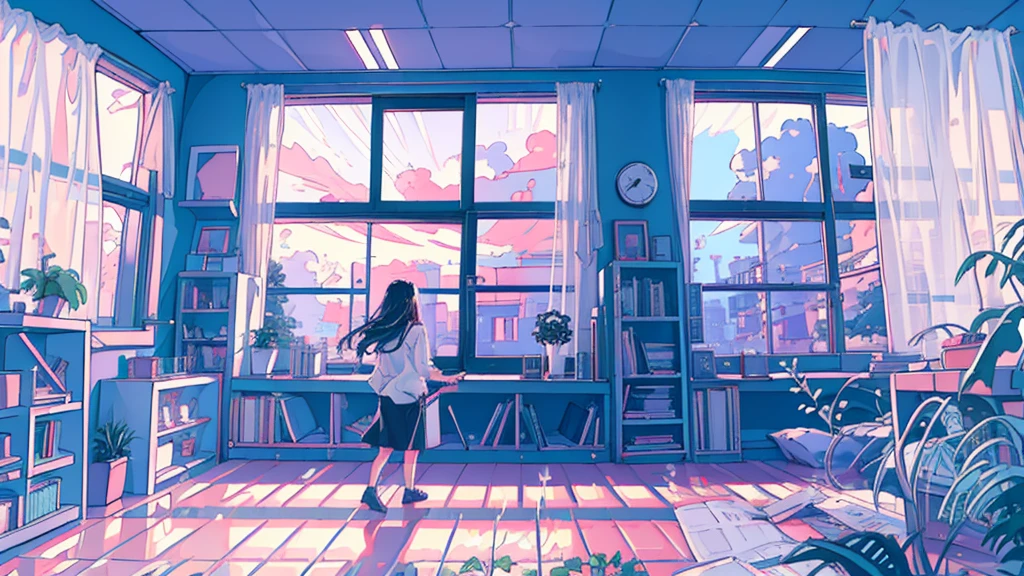 (One Girl), 20-year-old, Detailed explanation, Black-haired, Hair length, (White underwear), White shirt, In front of a large window, (Standing at the window), play the guitar, Backward view, Inside the room, Hardwood Floors, Bookshelf, Foliage plant, Big cloud outside the window, Portrait,sunset