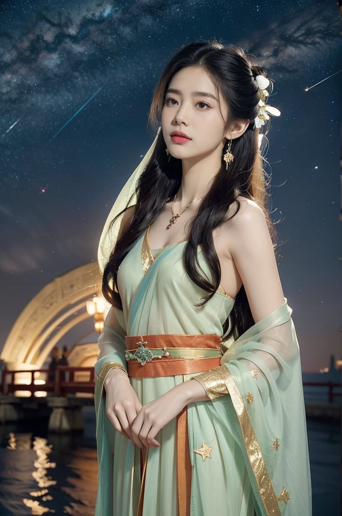 (((best quality))),(((ultra detailed))),(((masterpiece))),illustration,((1 beautiful girl,solo)),(shoulder length straight hair:1.2),((earrings,necklace)),((slim,thin)),((small breasts,flat chest)),(gorgeous see through red sheer Hanfu:1.3),(standing:1.3),(on the stone arch bridge:1.3),((starry sky,the Milky Way,horizon)),elegance, grace, sophisticated updo, delicate hairpins, twinkling stars, radiant smile, bright eyes, wonder, beauty of the night sky, intricate patterns, flowers, birds, vibrant colors, ethereal, enchanting, old bridge, weathered, sturdy, natural surroundings, serene, peaceful atmosphere, rippling water, stars, graceful silhouette, magic, tranquility, twinkling stars, mesmerizing canopy of light, cool air, crisp, faint scent of blooming flowers, contemplation, admiration, ancient China, timeless, rich culture, traditions, captivating, enchanting atmosphere, myth, legend,((from front,upper body))