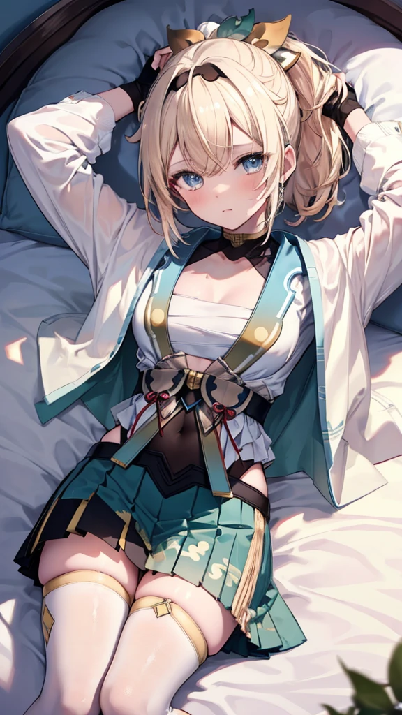 (best quality:1.2), (ultra detailed:1.2),(masterpiece:1.2),(8k:1.2),(1girl, kazama iroha, blonde hair, fingerless gloves, japanese clothes, white thighhighs, haori, black gloves, bangs, pleated skirt, ponytail, chest sarashi, Blue eyes, black hairband, hair ornament, leaf hair ornament, long sleeves, covered navel, breasts),(Blessed,Captivating body、Ultra detailed hands、Ultra-detailed eyes、Ultra-detailed skin、ultra-detailed face,Detailed Background),One Girl、(bedroom,lie down, watery eyes ,arms up:1.4),(Embarrassing:1.5)