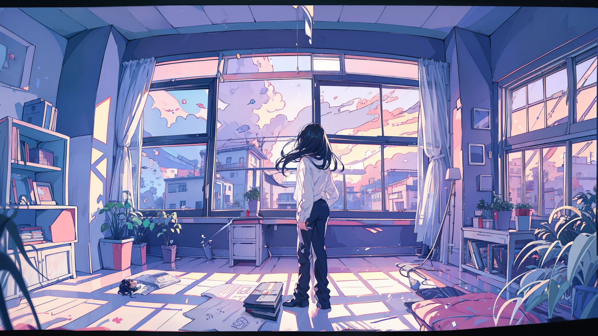 (One Girl), 20-year-old, Detailed explanation, Black-haired, Hair length, (White underwear), White shirt, In front of a large window, (Standing at the window), play the guitar, Backward view, Inside the room, Hardwood Floors, Bookshelf, Foliage plant, Big cloud outside the window, Portrait,sunset