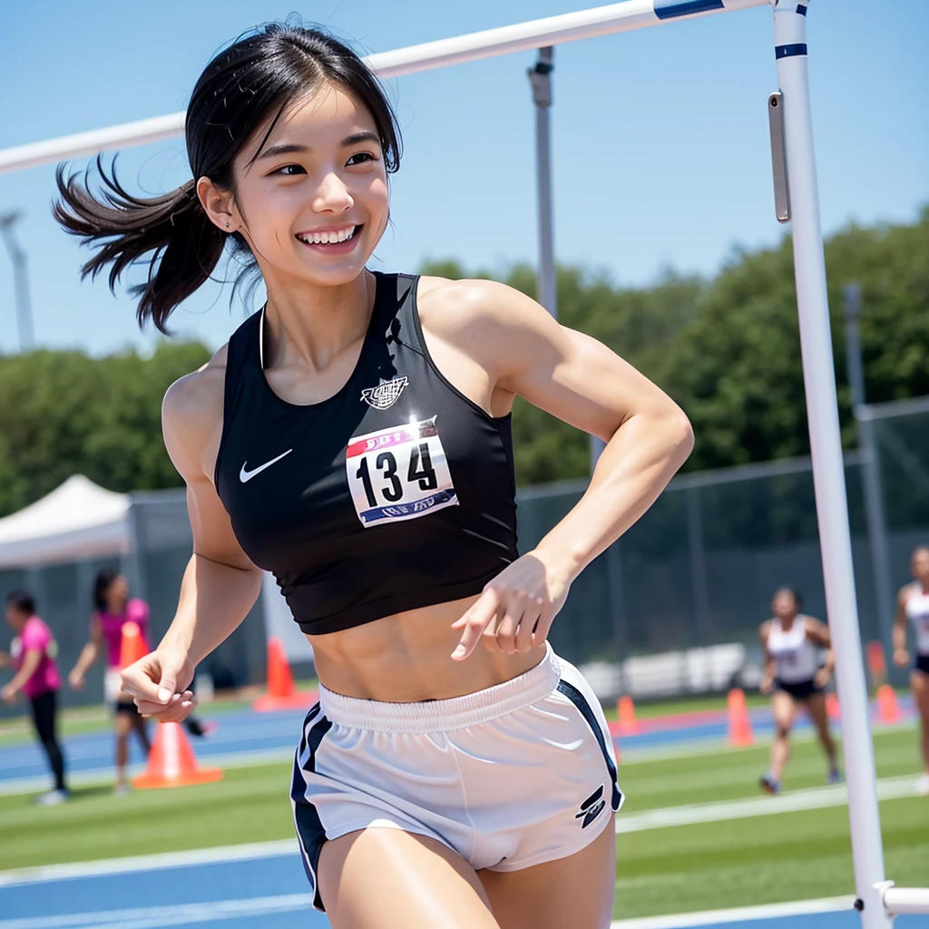 High resolution, Highest quality, Ultra high definition, Track and field club，uniform，D Cup，Muscular，Track and Field、Black Hair, smile, Shortcuts, Surrealism, 