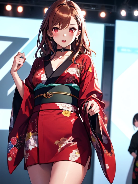Long-sleeved kimono, Runway, Fashion Model, Misaka Mikoto, 1girl, black choker, uhd, retina, masterpiece, ccurate, anatomically correct, textured skin, super detail, high details, high quality, best quality, highres, 4K