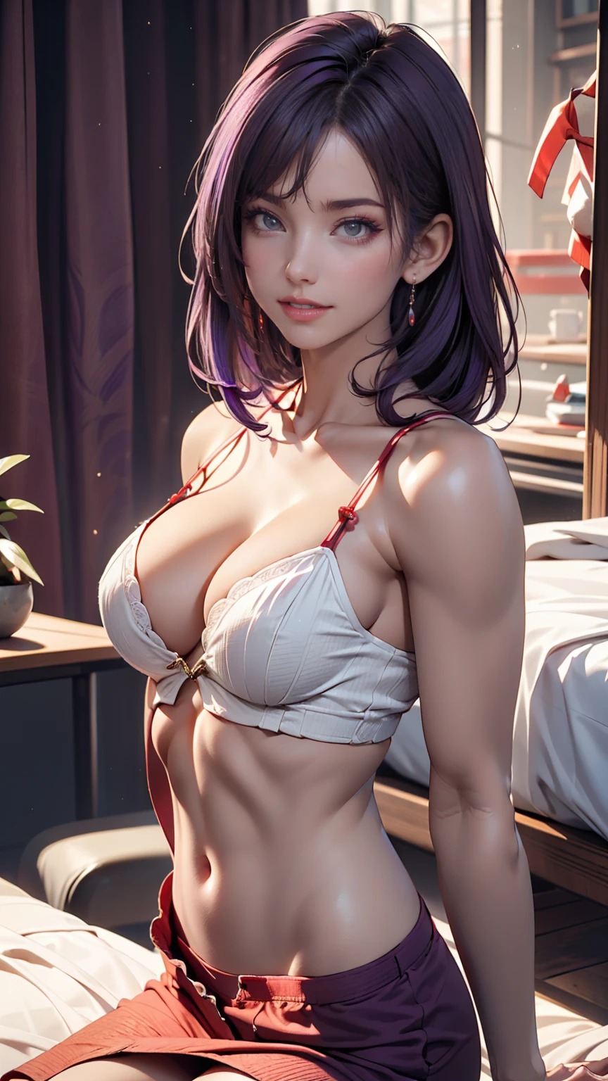 One girl, Mature Woman, masterpiece, spouse, goddess,short hair ,((Purple Hair))、24-year-old woman、Sexy proportionature female body、Sexy proportionakeup、Lips with red lipstick、Textured skin((textured skin))、smile、Constricted Wes