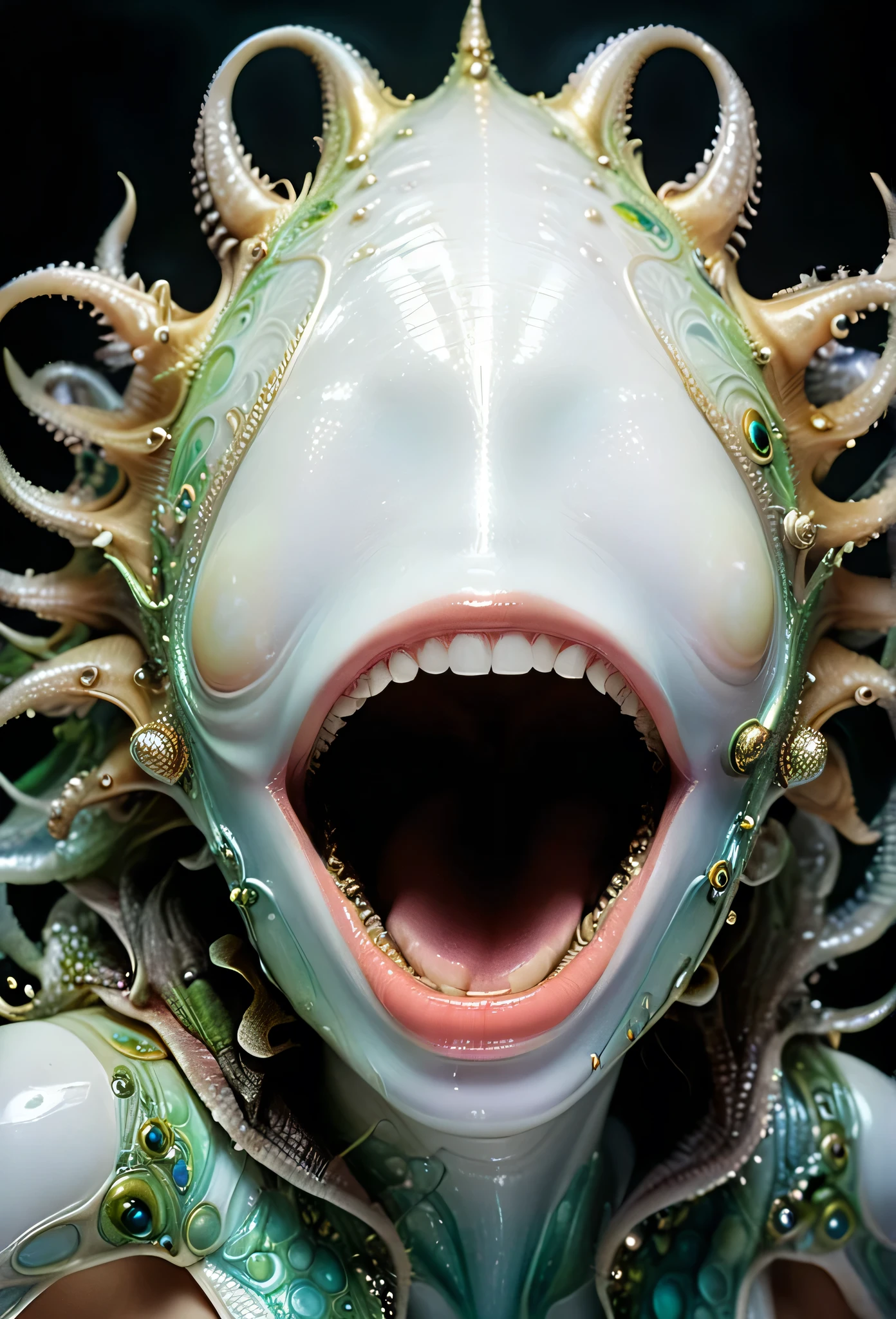 (A portrait of a beautiful and obscene alien who is a young ager:1.4), ((There is a female genital organ in the middle of the forehead:1.8)), (lifelike face:1.2), (Numerous prize-winning works, with incredible details, maximum textures and details), Artistic photography, midnight aura, unreal motor 5, ultra sharp focus, Art by Amano Yoshitaka, artgerm, Roisch, intricate artwork, ultra-realistic realism, high resolution, High freshness, drawing faithfully, offcial art, unity wallpaper 8k, ultra detailed Artistic photography, dream like, Fantasy creation, dream snail, (nautilus biopunk:1.3),Exciting color schemes, smiling seductively, Incredible mutation, well-proportioned body, goddess of the deep sea, fractal, geometric pattern, Impossible figures, (translucent white tentacles with luminescent organs:1.4), subtle emerald green details, (smiling seductively:1.3),(She has the most beautiful face in the history of the universe:1.5), Penelope Cruz, (she is looking at the spectators with bright, iridescent eyes, no pupils:1.3), an evil look that seduces, cinematic lighting, (long canine teeth, vampire-like, can be seen through the space between the beautiful lips:1.3), in the palace hall, Sweet breath exudes from beautiful lips, ecstatic expression 8k, 4D
