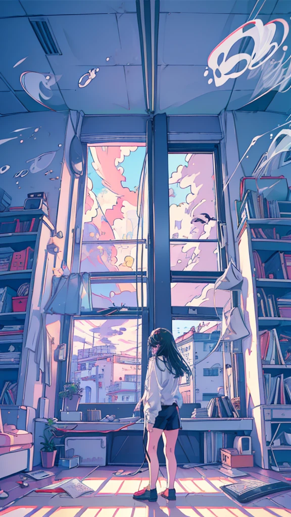 (One Girl), 20-year-old, Detailed explanation, Black-haired, Hair length, (White underwear), White shirt, In front of a large window, (Standing at the window), play the guitar, Backward view, Inside the room, Hardwood Floors, Bookshelf, Foliage plant, Big cloud outside the window, Portrait,sunset