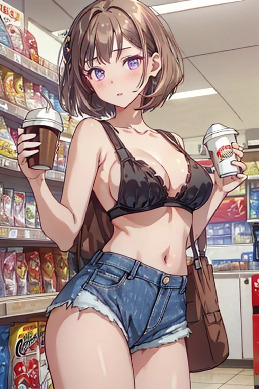 (masterpiece, Best Quality, ultra-detailed, high resolution, extremely detailed CG, official art, Professional Lighting, Perfect Anatomy, anime colors), (from below), looking at viewer, cowboy shot, perfect body, 24yo beautiful 1girl, medium hips, glamorous body,a small face,beautiful-makeup,Makeup light,Shortcut Hair,dark brown hair、Bust b Cup, Amazing Cleavage, thin waist, big ass, Raised sexy, big breast: 1.2 posed cleavage:1.2, (off shoulders,Sportsbra,legginullnude), micro denim shorts, bare legs, nail_polish, pale skin, Waiting friend, (morning:1.5), tokyo, (convenience store:1.3), outdoor, (depth of field:1.3), contrapposto, (Hold a coffee in your hand:1.3),delicate beautiful face, Bright magenta eyes, cute eyes, sparkling eyes, Big eyes, (big breasts:1.3), (perky chest:1.1), (pointed chest:1.3), looking at viewer,