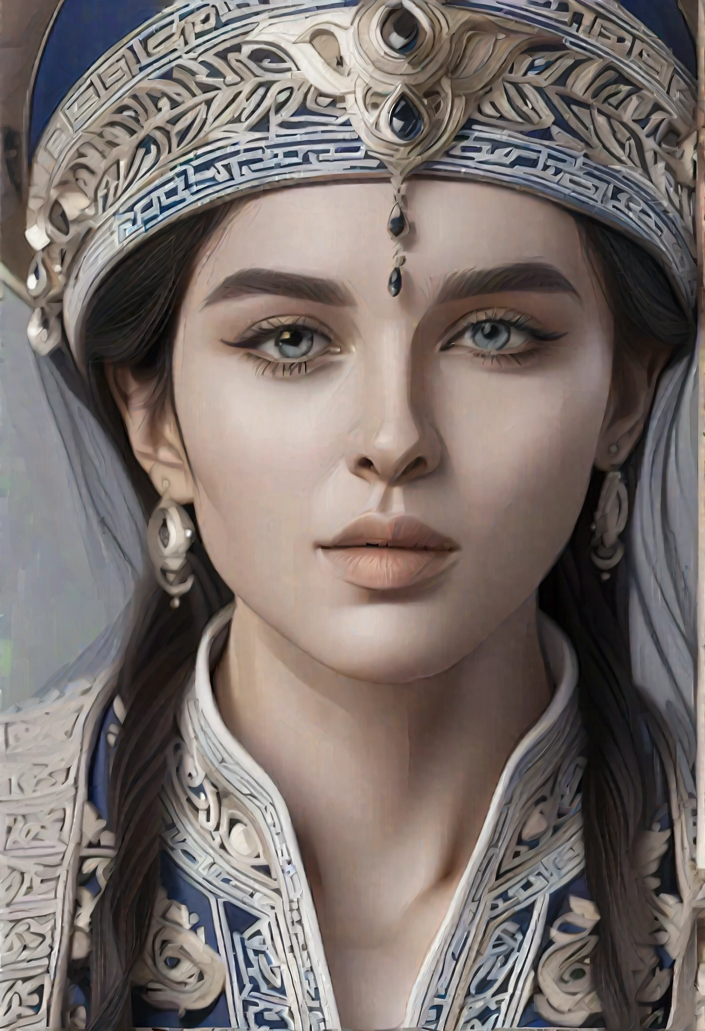 Create a realistic digital painting of a 20-year-old Mexican woman with the following characteristics:
Hair: Long, sleek, black-brown hair with a natural shine. It should be styled in a way that reflects elegance, such as a loose flow or a casual ponytail, capturing subtle light reflections.
Eyes: Striking blue eyes that stand out vividly. They should be large and expressive with a well-defined contour. Use minimal makeup, such as a subtle eyeliner, to enhance their color and vibrancy.
Skin: Radiant, uniform skin with a luminous complexion. Features typical of Mexican heritage, like slightly prominent cheekbones, should be highlighted. Ensure the skin appears smooth and natural without visible imperfections.
Face: Natural and expressive facial features with a soft smile. The lips should be well-defined and natural. Maintain realistic and harmonious proportions of the face.
Attire: Dressed in modern athletic wear, such as a fitted sports bra and leggings in vibrant or neutral colors. The outfit should complement her sporty and dynamic appearance.
Lighting: Use soft, natural lighting to accentuate her beauty. Ensure the light creates gentle shadows that enhance her facial features and skin texture, making her blue eyes stand out prominently.
Composition: Portrait framed in a close-up shot (35 mm), focusing on her face and attire. Apply the rule of thirds to position her face effectively within the frame, with a sharp focus on her eyes and facial features.
Style: Realistic with a touch of digital painting or concept art for a smooth and professional finish.