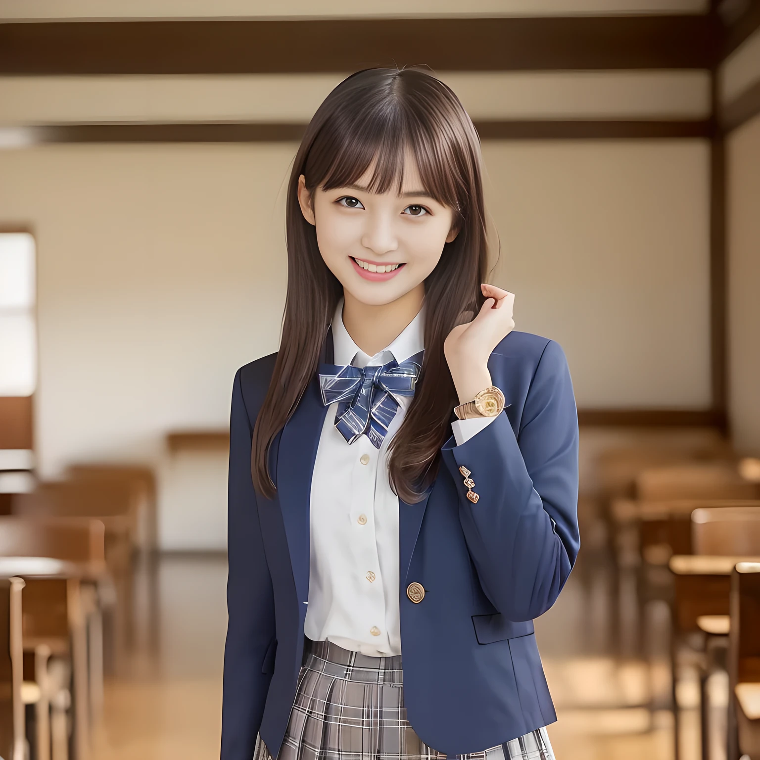 (Highest quality, masterpiece:1.2), Highest quality, High resolution, 1080P, 8k, height: 158cm, ((A noble, graceful and intelligent girl who looks like a best proportion Japanese young lady is turning around and giggling in a strong wind)), ((So sweet, very noble, neat, and pretty Japanese beautiful cute girl)), ((A real, very girly, sweet, cute and noble girl)), ((((A beautiful Japanese cute fashion model)))), ((((Very pure white face and limbs)))), Glossy Lips, (Evenly cut bangs), ((Very beautiful, droopy, cute, pure, noble brown eyes)), ((Super long, black straight hair that reaches the floor)), (Very shiny, glossy Lips), ((Beautiful straight hair like a school promotion model)), Watch at you, ((Incredibly well organized, Rich facial expressions)), ((Plump and beautiful white skin and face)), ((Pure, clear, gentle brown eyes)), ((staring at me)), Glossy Lips, ((noble and elegant)), Very beautiful blue skirt, ((Large upward-curving lips)), White Hand, ((((Navy Japanese school blazer with noble golden emblem)))), ((Navy and sapphire blue Japanese school uniform)), ((Tartan check pattern pleated long skirt)), ((Cobalt blue string chest ribbon)), ((((An ecstatic expression of boundless joy)))), ((plain white background)), ((perfect body)), (((hair beauty magazine for young girls))), (Double eyelids, graceful noble eyes and faces with well balanced and detailed:1.6),