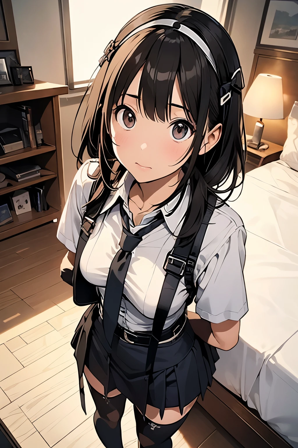1 female, , high quality, masterpiece, Ultra-high resolution, , Cinema Lighting, , , And the suspenders with the cranes flying Moderate breasts Large Breasts Small face holster Lying in bed Looking up Sweat belt summer 脇Sweat Black Hole Gloves suit garterbelt Leg Links ズボンにbelt holster Hands behind your back Anxious expression Looking up Anxious face Knee-high Knee socks Knee-highソックス garterbelt garter ふとももにgarterbelt Checkered mini skirt Necktie Headband ribbon