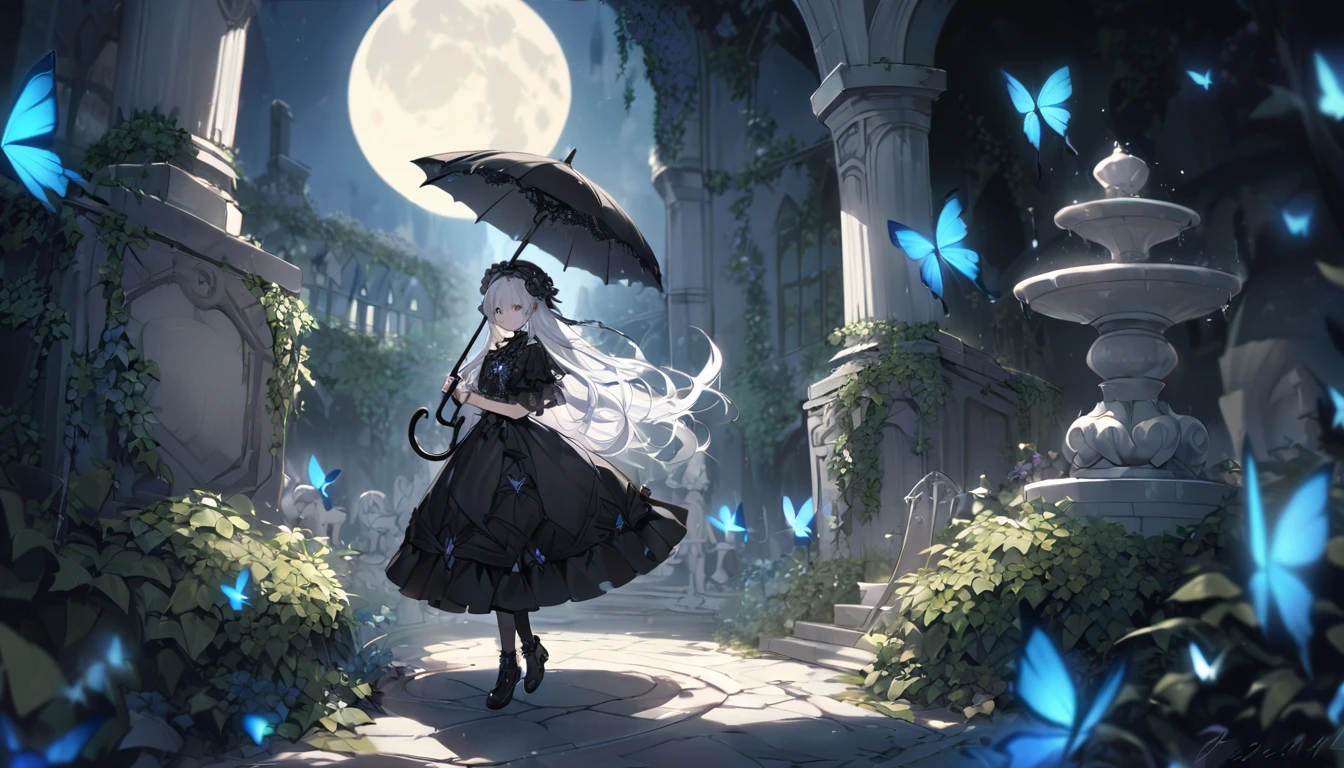 **6. One person。mysterious。White Hair Girl。Detailed Background:Gothic garden**
- background: Garden with an old stone fountain and ivy-covered statues、Spreading out beneath the full moon。
- White Hair Girl: Black Gothic Lolita Dress、He is holding a black umbrella。
- Effects: Blue light emitted from an umbrella、Butterfly-like light floating in the garden。