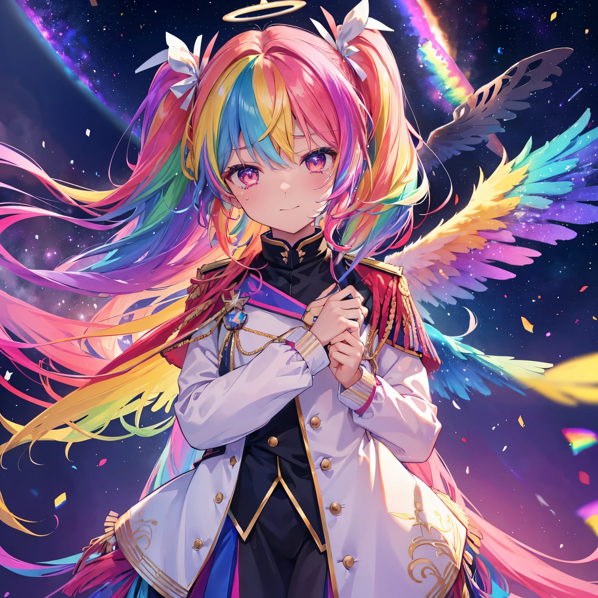((((Archangel、Angel Halo、Big Wings、Rainbow light))))　(((Fantasy　Rainbow Hair、Blowing in the Wind　Dye the inside of your hair rainbow colors　Twin tails　Dull red eyes　There is a galaxy　uniform、Put on a coat without putting your arms through it　Lonely　Smiling Kindly　front、Close-up)))　((tears　gloves))　(Broken glass　Rolling Pebble　star)　Catch the wind　milky way　Shining Background　Particles of light, rainbow colored edges　star
