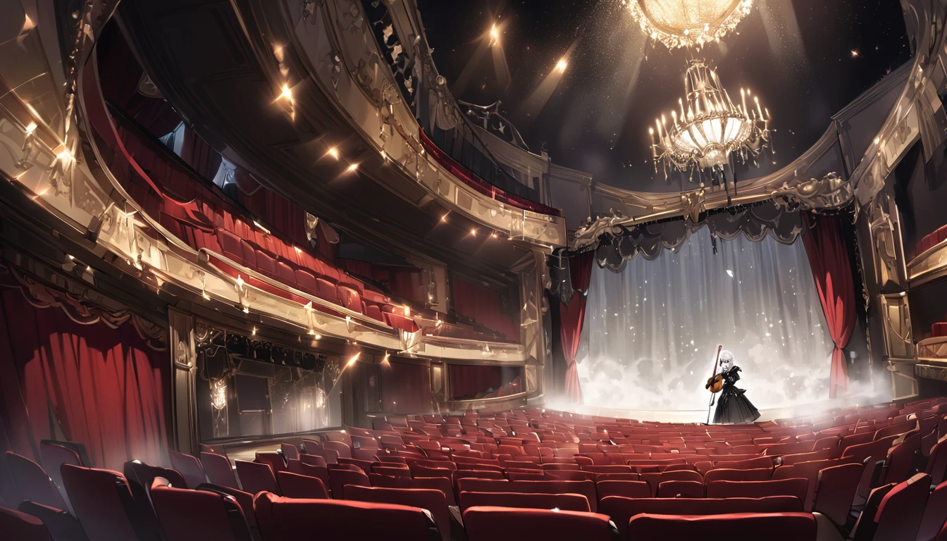 **7. One person。mysterious。White Hair Girl。Detailed Background:Gothic Theatre**
- background: A theater with old chandeliers and heavy curtains、A spotlight shines on the stage。
- White Hair Girl: Black Victorian costume、He has an old violin in his hands。
- Effects: Light like musical notes emitted from a violin、Fog in the theater。