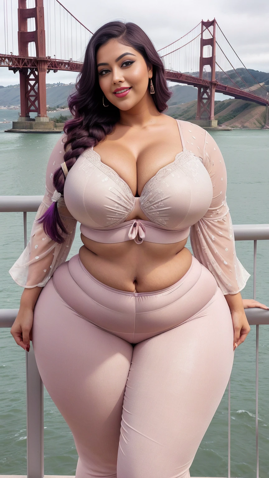 gorgeous curvy plus size Indian bengali actress ritavori , glowing eyes, wearing SHEIN LUNE Plus Dalmatian Print Notched Neckline Flounce Sleeve Blouse
Color: Dusty Pink
, covered Bust, parted lips, blushing cheeks, thick thighs, bigger waist, busty, curvy plus size body, full body, full body shot, head to toe view, smoothning burgendy color hair with pfrench braid hairstyle, hourglass body, curvy plus size body, smile face, bigger waist, busty, big hips, fleshy thighs, thick thighs, busty, full body view, Golden Gate Bridge, San Francisco, USA: Iconic suspension bridge with scenic views.