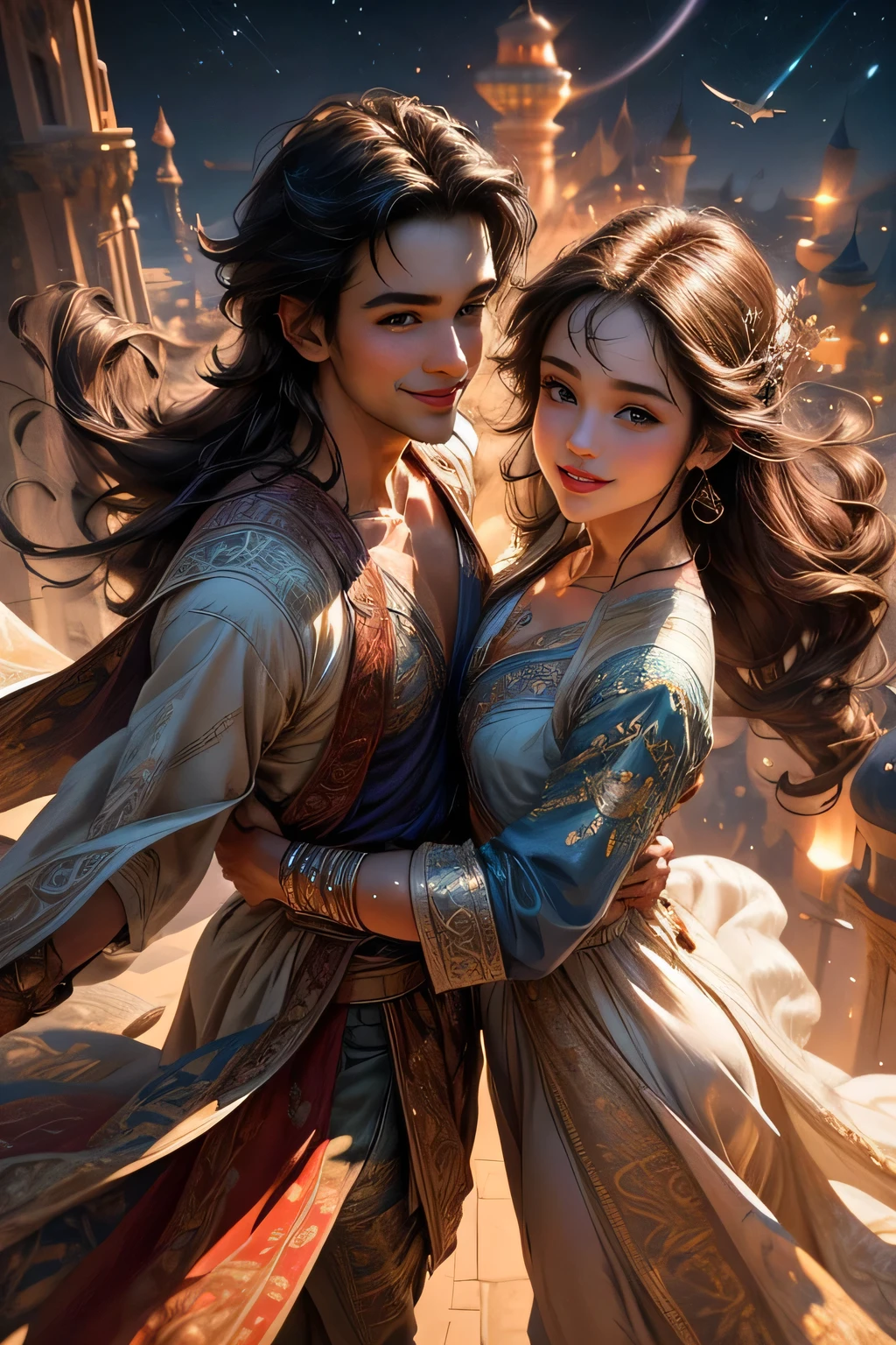 masterpiece, best quality, exquisite, beautiful, couple, delightful, with motif of Aladdin,smiling, flying, looking ahead, semi long, brown hair, wheatish skin, dress, Joyful Scene, in the sky, at night, fantasy, medium shot, from front, aerial view, wide view, 4Kグラフィック,
