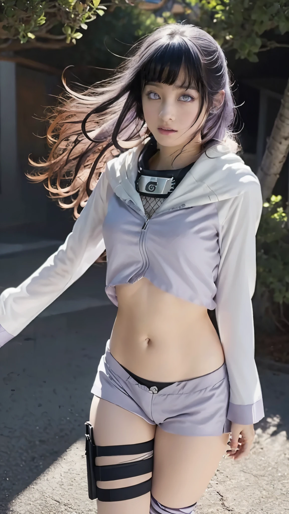 Moisturized skin, (bright gradient eyes), perfect body,
BREAK,
(beautiful navel), (kunoichi), (ninja), (sexy costume: 1.3), (kunai), (black leather), fishnet top, (fishnet stockings),
BREAK,
(silky light lilac hair: 1.2), (front-down bob: 1.2),
BREAK,
((masterpiece + highest quality + high resolution + highly detailed)), (full body: 1.2), symmetrical, one shot,
BREAK,
(city street), (wind blowing: 1.5),
BREAK,
(ONE PIECE), (Hashimoto Kanna: 1.4), (Hyuga Hinata: 1.3), elegant,