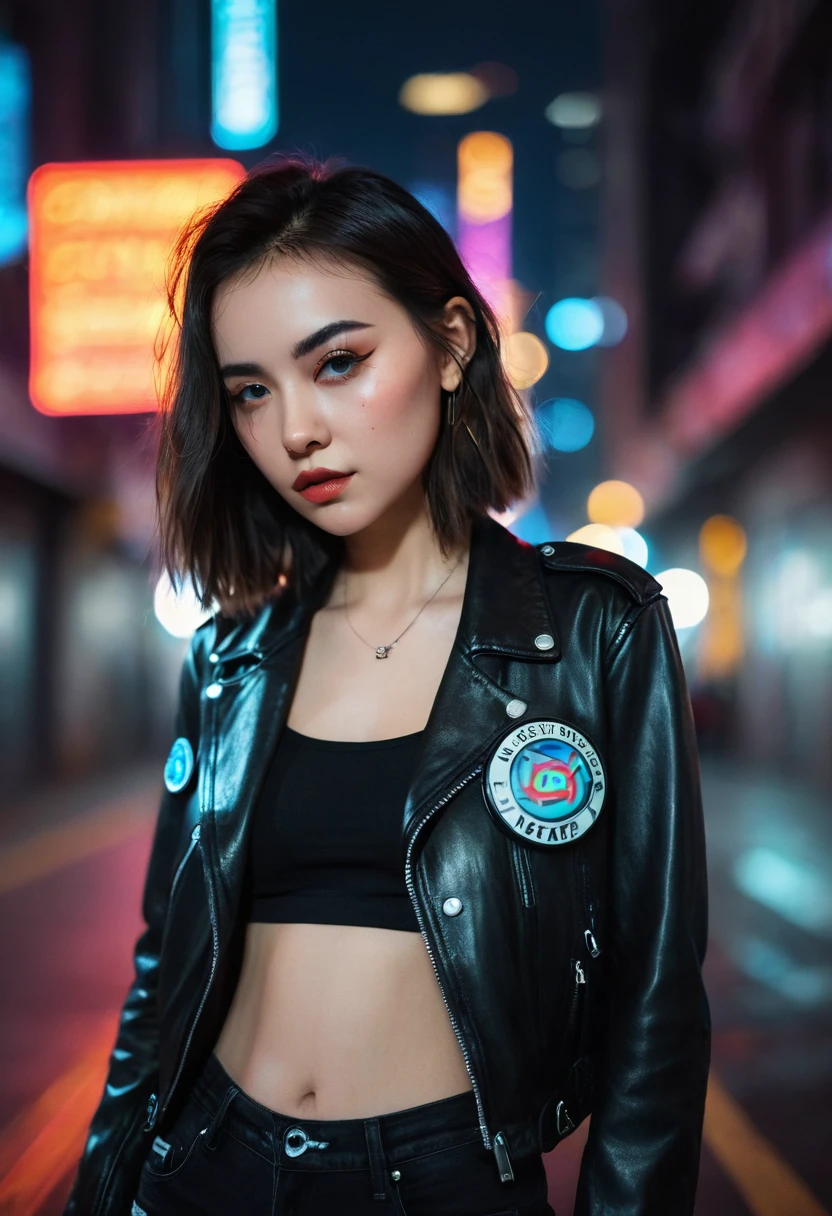 Portrait of emb-haiz, Pretty Face, Cyberpunk city by night. She was wearing a leather jacket,underwear, Black jeans, Dramatic Lighting, (badge:1.2).
