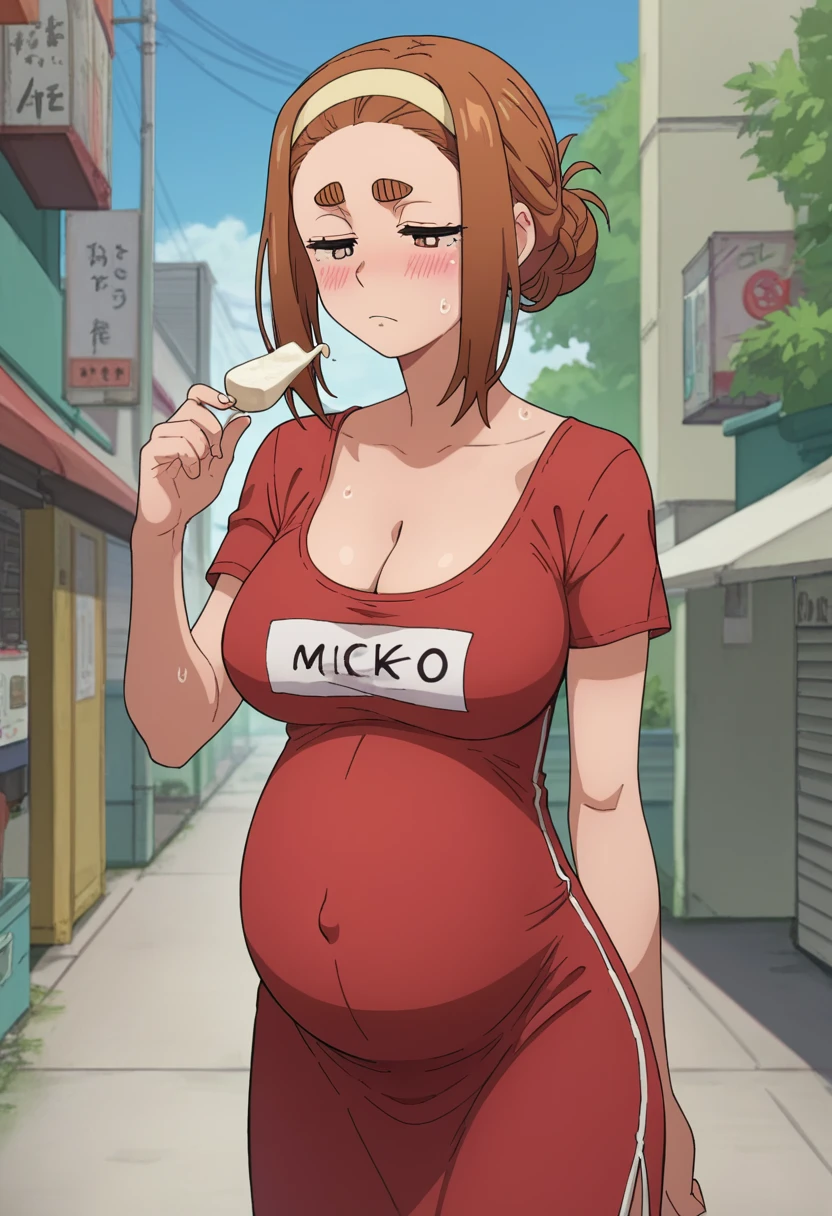 score_9,score_8_wonderful,score_7_wonderful,score_6_wonderful,sauce_anime,Sumireko Ogawa,T-Shirts(tight)Maxi Dresses、One Girl, alone, blush, Single Hair Band,  View your viewers, Large Breasts,Cleavage、 Thick eyebrows, Bedroom:1.5、Are standing、Half-closed eyes、Sweat、Pregnant women