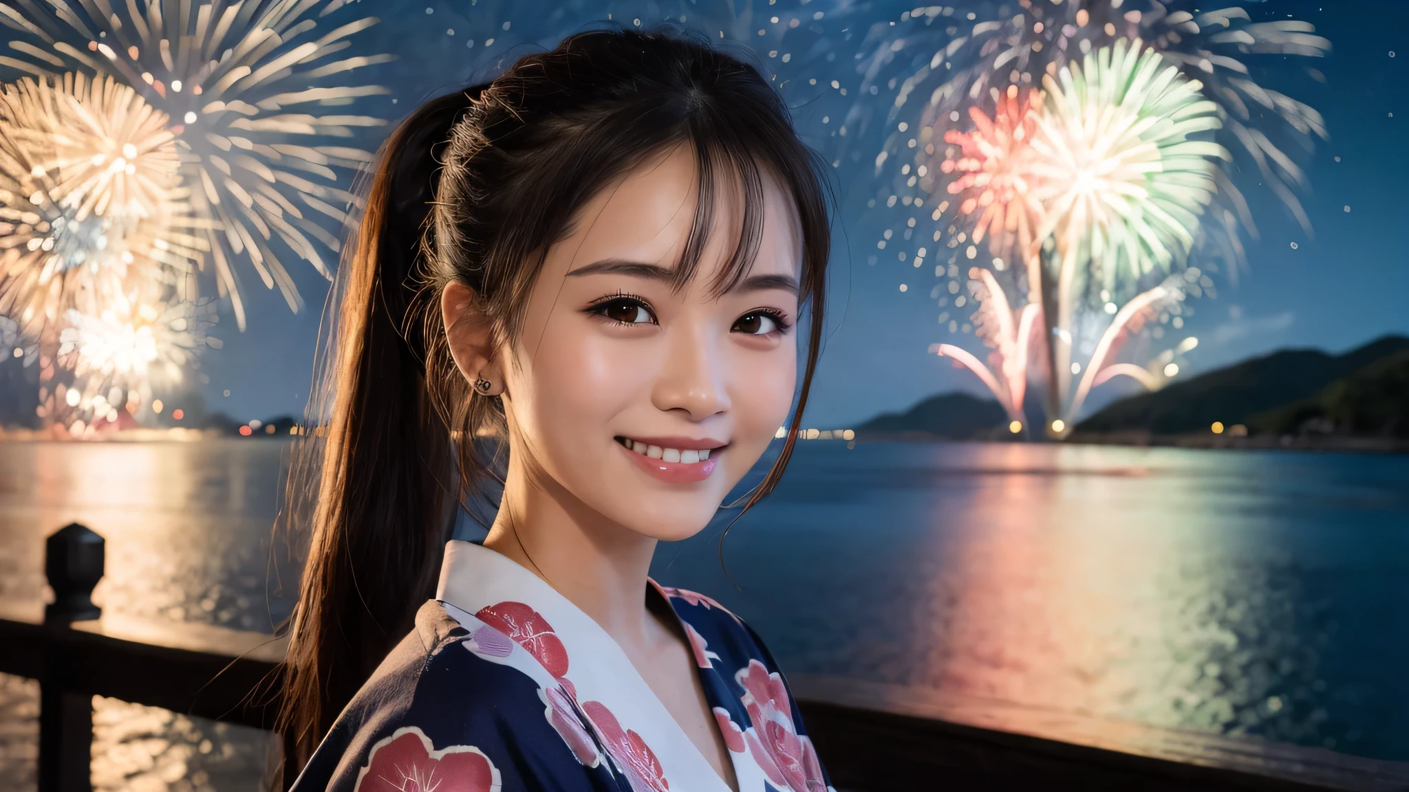 kawaii, (1girl), (happy smile:1.2), (yukata), Ponytail, (Best Quality:1.4), Realistic, extremely detailed CG unified 8k wallpaper, highly detailed, High-definition raw color photos, professional photography, Realistic portrait, Beautiful detailed, Close up portrait of girl, Outdoors, Beautiful scenery, beach, (The night sky, fireworks, beautiful fireworks spreading across the sky:1.4), so beautiful, upper body photos, amazingly beautiful sight, A wonderful, (Fine face:1.2),