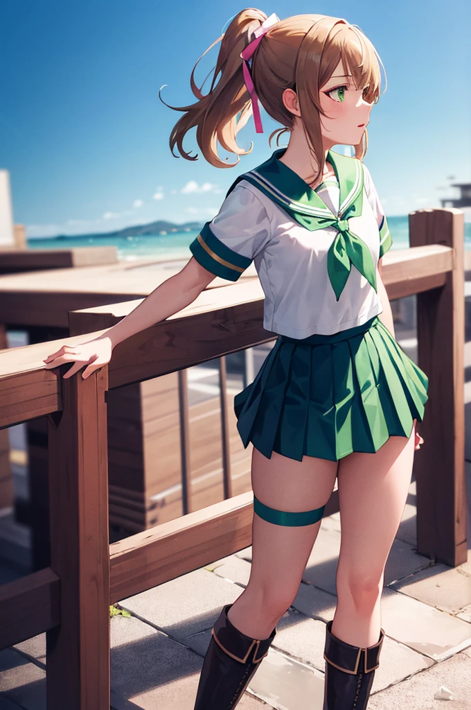 masterpiece, Highest quality, Absurd, Perfect Anatomy, Smu Jupiter, Smu JupiterOutfit, Green sailor collar, Green Skirt, Sailor Warrior Uniform, ponytail, Are standing, Green Eyes, Brown Hair, Pleated skirt, Green Skirt, boots, Pink ribbon, Cowboy Shot, Dynamic posture, Outdoor, city, One girl, 