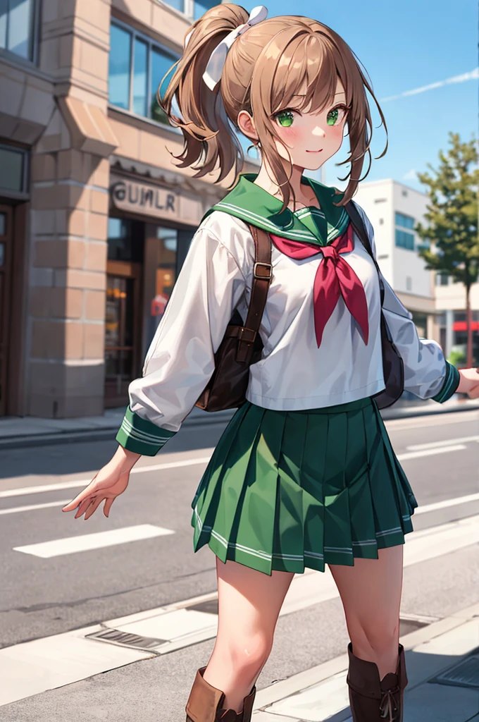 masterpiece, Highest quality, Absurd, Perfect Anatomy, Smu Jupiter, Smu JupiterOutfit, Green sailor collar, Green Skirt, Sailor Warrior Uniform, ponytail, Are standing, Green Eyes, Brown Hair, Pleated skirt, Green Skirt, boots, Pink ribbon, Cowboy Shot, Dynamic posture, Outdoor, city, One girl, 