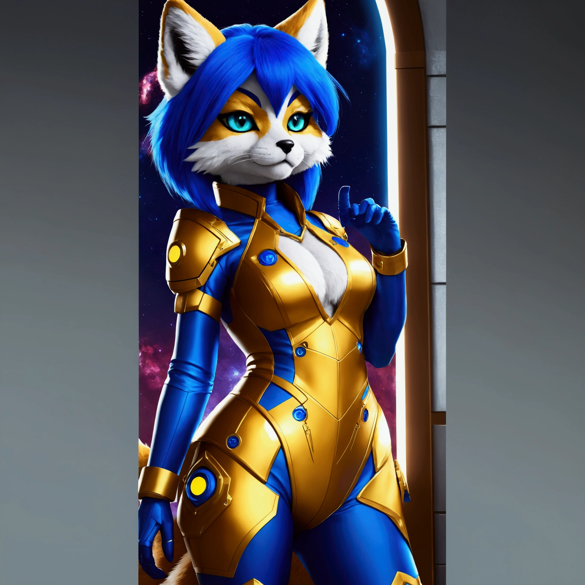 there is a woman in a blue and gold suit posing, star fox krystal, totally robotic!! cat girl, furry art!!!, Kitsune-inspired armor, mini girly furry cute style, an anthropomorphic cyberpunk fox, female fursona, furry character, anime cat girl, beautiful young cat girl, beautiful anime cat girl, furry art, pov furry art