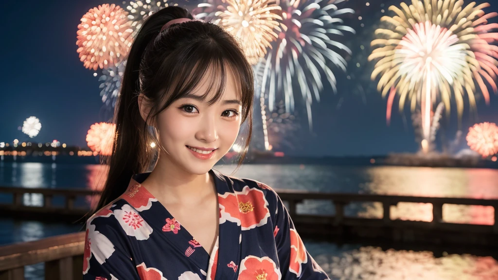 kawaii, (1girl), (happy smile:1.2), (yukata), Ponytail, (Best Quality:1.4), Realistic, extremely detailed CG unified 8k wallpaper, highly detailed, High-definition raw color photos, professional photography, Realistic portrait, Beautiful detailed, Close up portrait of girl, Outdoors, Beautiful scenery, beach, (The night sky, fireworks, beautiful fireworks spreading across the sky:1.4), so beautiful, upper body photos, amazingly beautiful sight, A wonderful, (Fine face:1.2),
