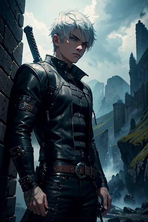 a rogue 20 year old man with short white hair, dragon race, black leather outfit, detailed face and eyes, intense gaze, sword at his side, fantasy landscape, moody lighting, cinematic composition, digital painting, highly detailed, unreal engine, 8k, photorealistic