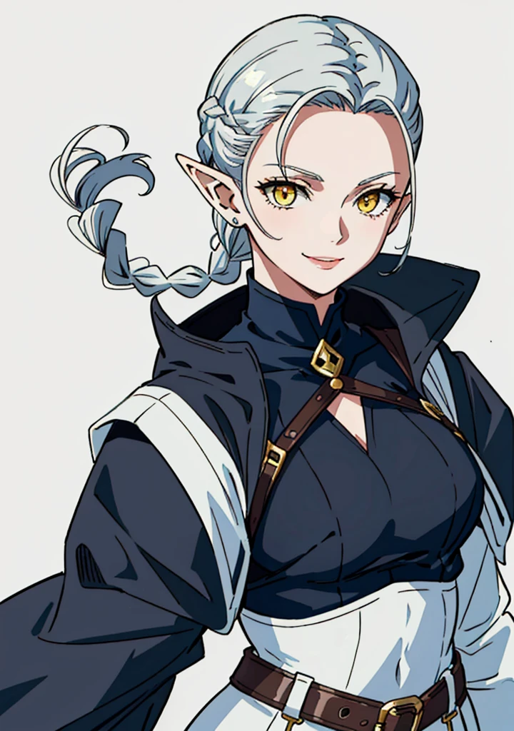 ophelia(claymore),1girl,Solo,fantasy,white skin,silver hair,show the forehead ,((slicked back hair)),((hair pulled back)),(single braid),(long braid),(large braid),yellow eyes,white bodysuit,knight outfit,evil smile,jeer,((simple background)),gray background,old school fantasy art,elf