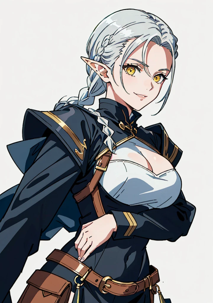 ophelia(claymore),1girl,Solo,fantasy,white skin,silver hair,show the forehead ,((slicked back hair)),((hair pulled back)),(single braid),(long braid),(large braid),yellow eyes,white bodysuit,knight outfit,evil smile,jeer,((simple background)),gray background,old school fantasy art,elf