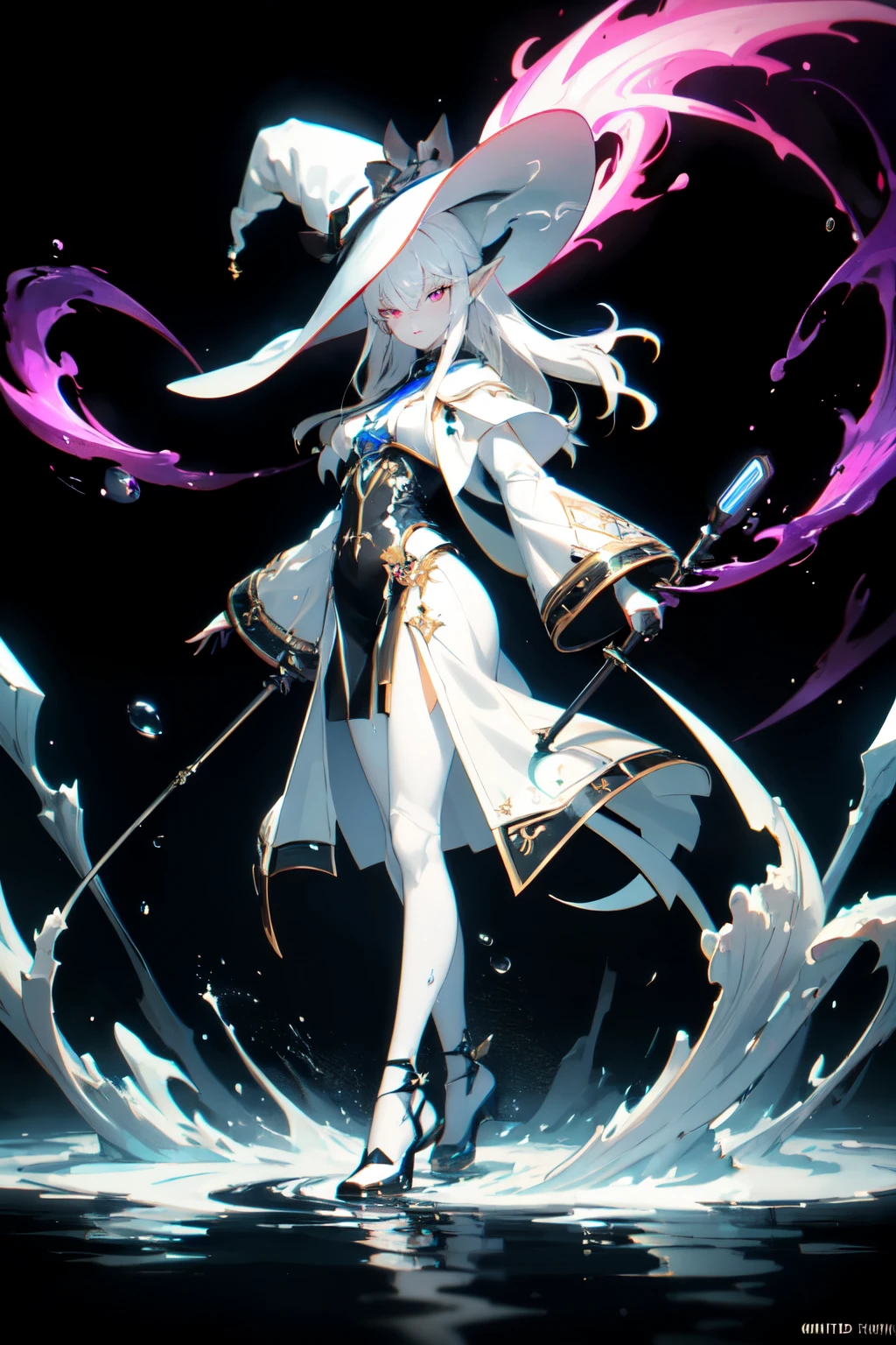 (masterpiece, Best quality, ultra detailed, best shadow), (detailed background,dark fantasy), (beautiful detailed face), high contrast, (Better lighting, very gentle and beautiful), ((cinematic light)), colorful, hyperdetailing, dramatic light, complex parts, (1 girl, elf, Red eyes, Sharp face, White hair, hair between eyes, white clothes, white high top shoes, Dynamic angle, The White Hat of the Witch), (swirling black light around the character:1.5), depth of field, Black light particles, (shower), (stands on the water) (character wet from rain), (raindrops), (Full length character), (side view), (purple flame), (quality eyes), (detailed eyes), (detailed character body)