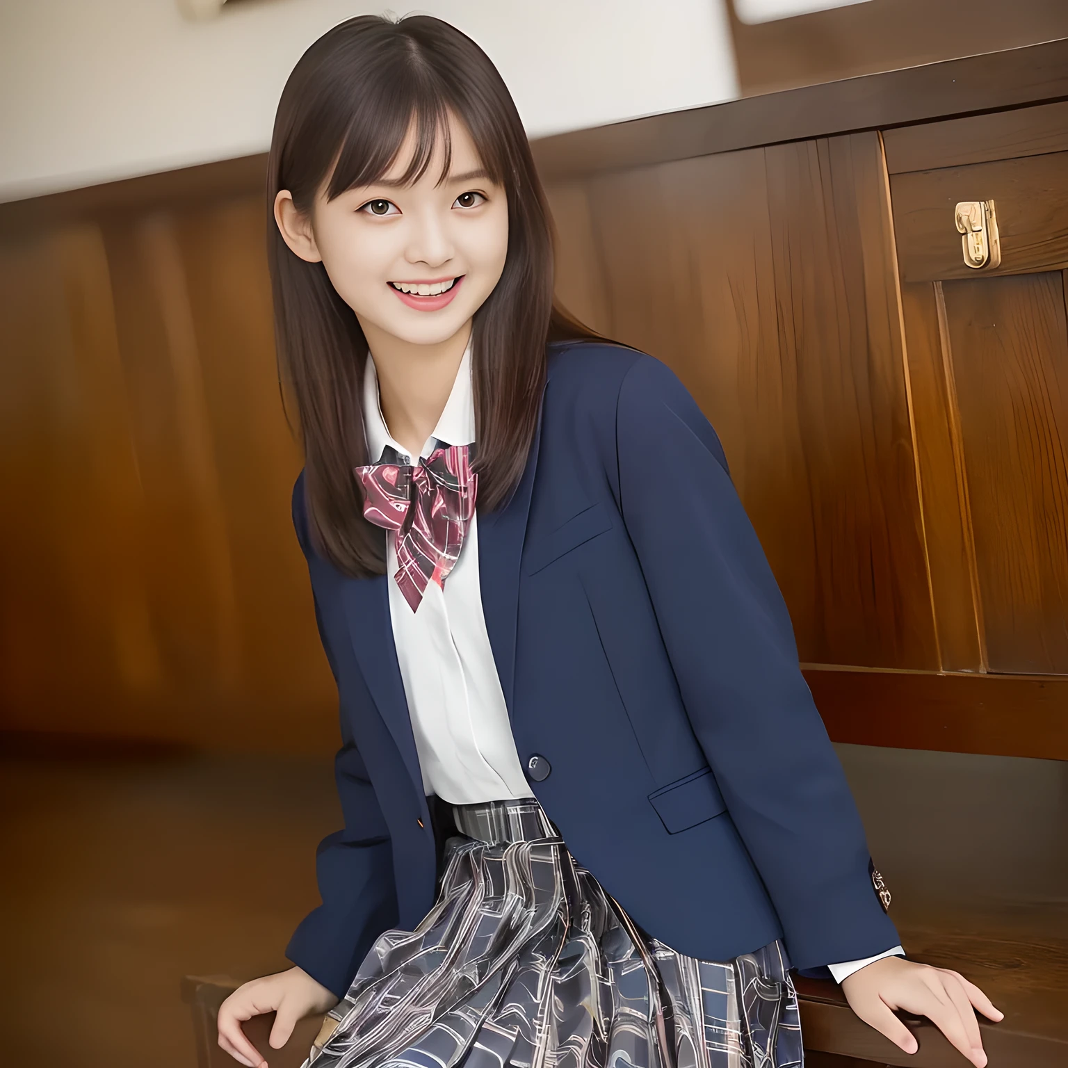 (Highest quality, masterpiece:1.2), Highest quality, High resolution, 1080P, 8k, height: 158cm, ((A noble, graceful and intelligent girl who looks like a best proportion Japanese young lady is turning around and giggling in a strong wind)), ((So sweet, very noble, neat, and pretty Japanese beautiful cute girl)), ((A real, very girly, sweet, cute and noble girl)), ((((A beautiful Japanese cute fashion model)))), ((((Very pure white face and limbs)))), Glossy Lips, (Evenly cut bangs), ((Very beautiful, droopy, cute, pure, noble brown eyes)), ((Super long, black straight hair that reaches the floor)), (Very shiny, glossy Lips), ((Beautiful straight hair like a school promotion model)), Watch at you, ((Incredibly well organized, Rich facial expressions)), ((Plump and beautiful white skin and face)), ((Pure, clear, gentle brown eyes)), ((staring at me)), Glossy Lips, ((noble and elegant)), Very beautiful blue skirt, ((Large upward-curving lips)), White Hand, ((((Navy Japanese school blazer with noble golden emblem)))), ((Navy and sapphire blue Japanese school uniform)), ((Tartan check pattern pleated long skirt)), ((Cobalt blue string chest ribbon)), ((((An ecstatic expression of boundless joy)))), ((plain white background)), ((perfect body)), (((hair beauty magazine for young girls))), (Double eyelids, graceful noble eyes and faces with well balanced and detailed:1.6),