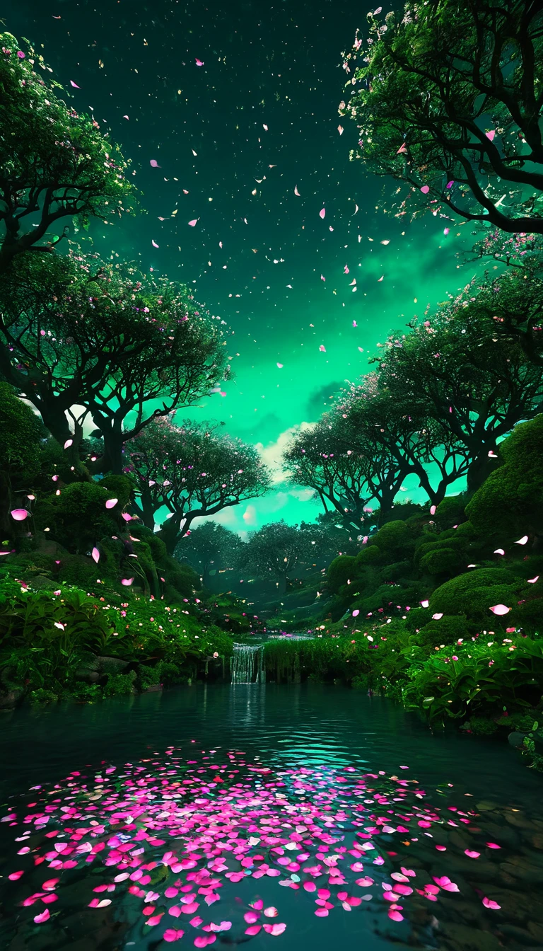 (Beautiful Magic Night Green Sky Stream Overlay Scenery), (heaven), (nuvem), soft lighting, fundo limpo, beautiful scenery, master part, alta qualidade, graphics beautiful, High detail, epic scenery, Jardim, flor, nuvem, (night starly sky, back river, huge old trees behind, dropping bright pink petals back)