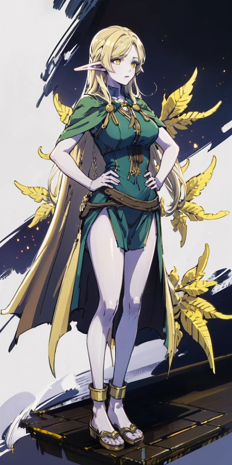 masterpiece, best quality, high quality, Erwin, elf, long hair, pale hair, yellow eyes, purple skin, deep blue cape with golden ornaments (1solofemale full body standing straight symmetrical, hands on hips)