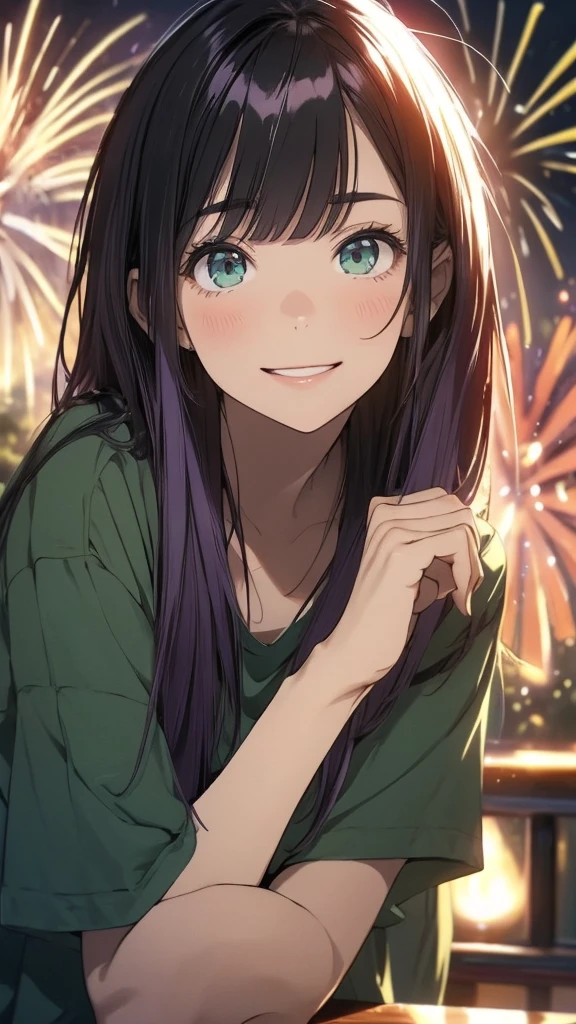 (masterpiece), Highest quality, Expressive eyes, Perfect Face, alone, ,
Long Hair, Wavy Hair, Blunt bangs, Purple Hair, Green Eyes, Flat Chest, black t-shirts, smile, Open your mouth, Short sleeve,
forest, night, firework,
