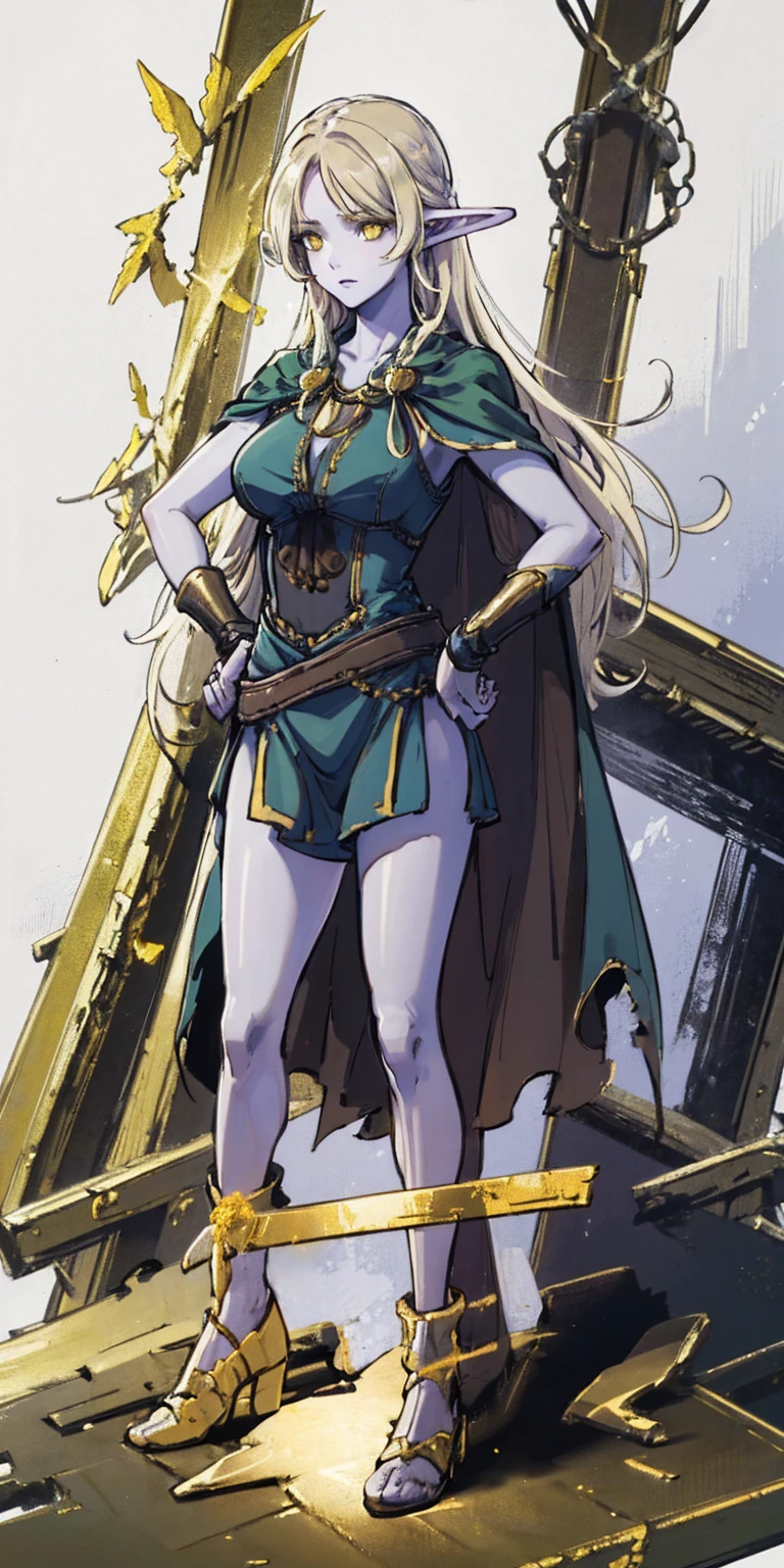 masterpiece, best quality, high quality, Erwin, elf, long hair, pale hair, yellow eyes, purple skin, deep blue cape with golden ornaments (1solofemale full body standing straight symmetrical, hands on hips)