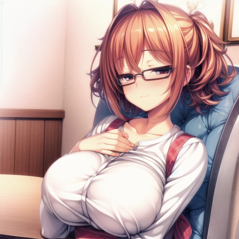 (Tabletop:1.0), (highest quality:1.4), (High resolution:1.2), From the side,Sharp contours,  boyish, highest quality, masterpiece,Glasses,Voice of the Heart,20-year-old woman,yandere,Big Breasts,Chest to chest,Upper Body,Ecstasy,blush,Squint your eyes,Tuck up your clothes,lure