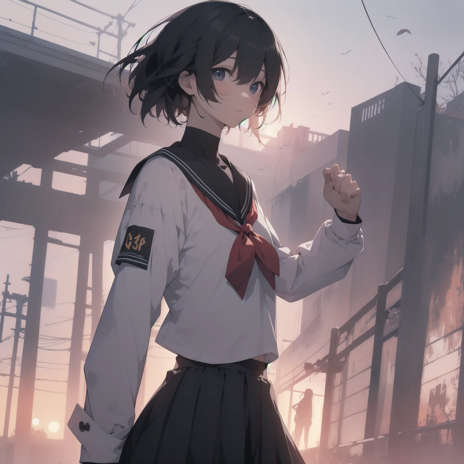 ultra-absurdres-Top quality by artist God, ultra-detailed, high resolution, anime moe artstyle, best anime 8k konachan wallpaper, pixiv contest winner, pool:2810, perfect anatomy,break, 1girl, (Please draw a girl walking sleepily to school alone. )break,(Solo,little female, 13-year-old:1.3),Full limbs, complete fingers,a junior high school student, (very short hair), short cut, flat chest, , small butt, small black eyes, beautiful detailed eyes, well-proportioned iris and pupils, expressive eyes, highres detailed hair, soft expression, salor school_uniform, sailor collar, serahuku, bow, pleated skirt,(Detailed Lighting), (Detailed background), in the School commute route. break,super detailed skin, Best cinematic lighting powered by famous artist, 8k,beauty illustration,photoshop_(medium),very aesthetic,break,((artist:minami_(colorful_palette) )), artist:clamp ,artist:carnelian ,artist:kantoku ,