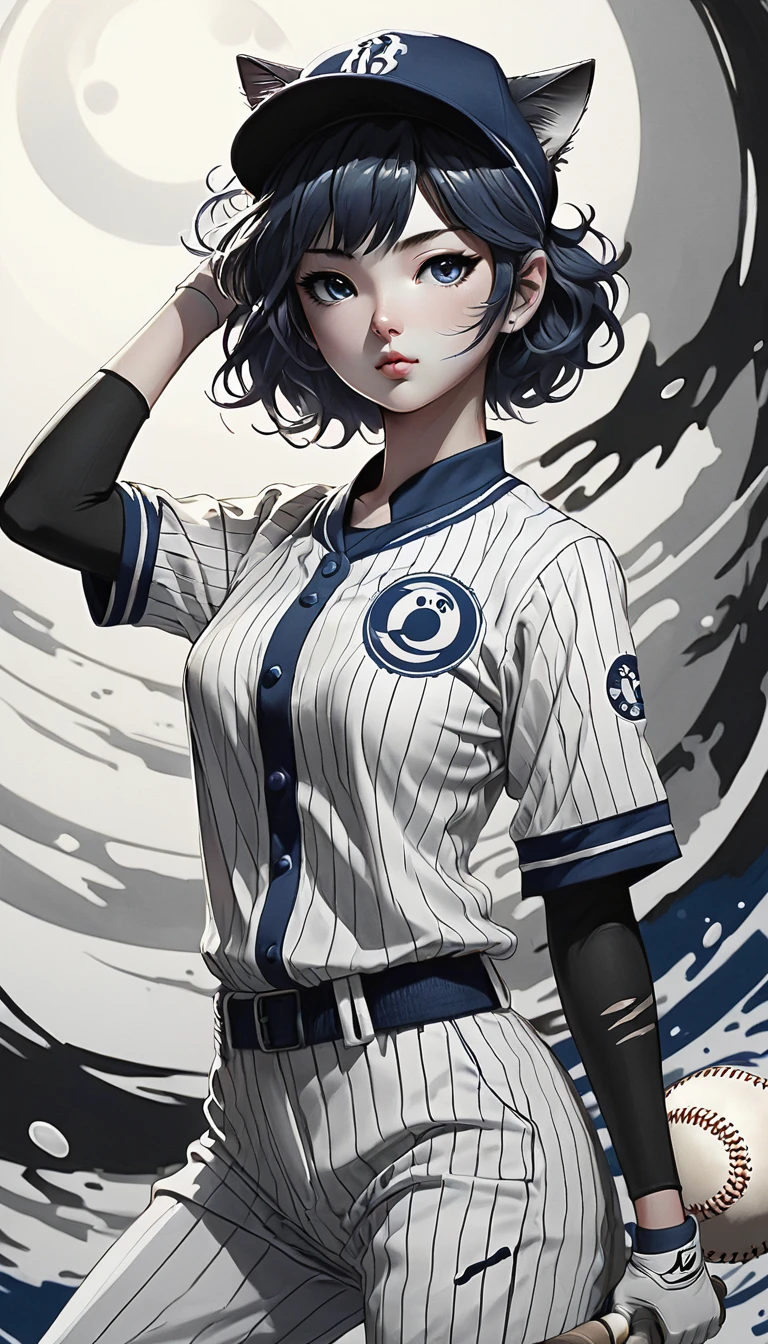 (Pencil_Sketch:1.2、Messy Lines、grayscale、Traditional Media、sketch)、girl、Striped Hair、Striped Hair、Blue and white porcelain baseball uniform、Black and white yin yang tai chi background、Gang Girl、Backlight、Deep Shadow、Cat silhouette light、Attractive baseball uniform designinimalist Style、yin yang style、Ink splash style background。、Chiaroscuro、Shining Light、Backlight、Motion Lines、Carl Larson、uhd、Anatomically correct、masterpiece、retina、uhd、masterpiece