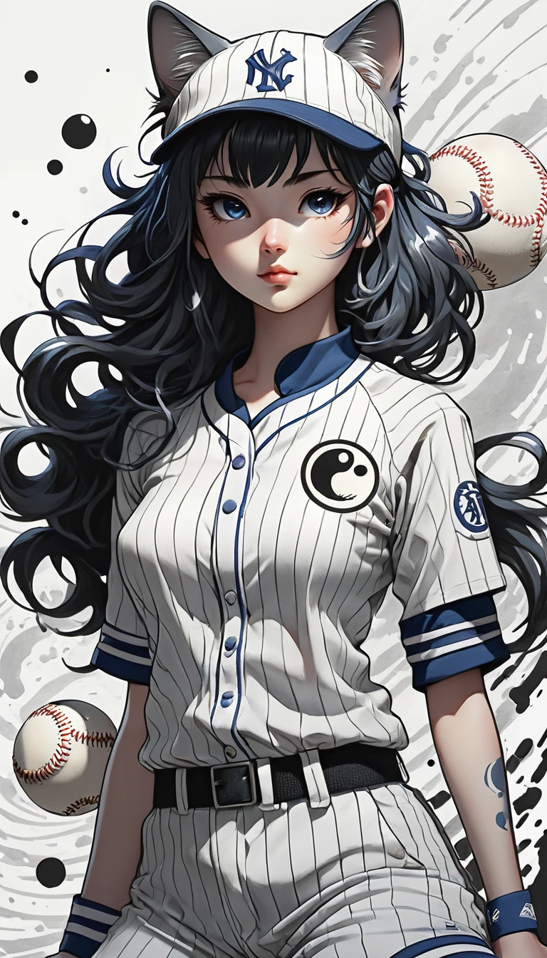 (Pencil_Sketch:1.2、Messy Lines、grayscale、Traditional Media、sketch)、girl、Striped Hair、Striped Hair、Blue and white porcelain baseball uniform、Black and white yin yang tai chi background、Gang Girl、Backlight、Deep Shadow、Cat silhouette light、Attractive baseball uniform designinimalist Style、yin yang style、Ink splash style background。、Chiaroscuro、Shining Light、Backlight、Motion Lines、Carl Larson、uhd、Anatomically correct、masterpiece、retina、uhd、masterpiece